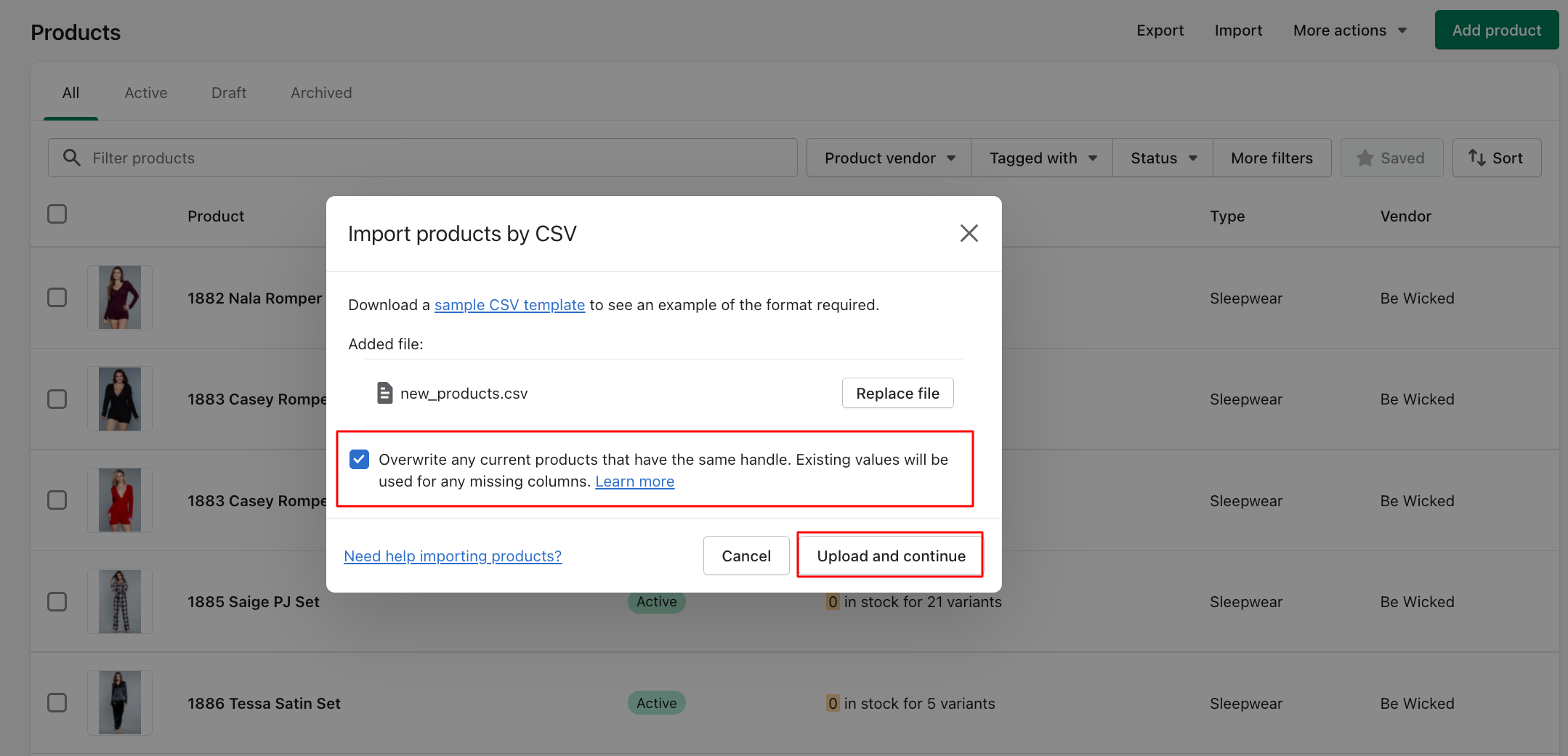 Shopify product import overwrite