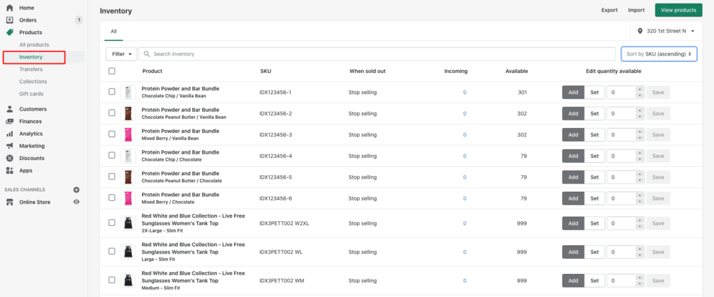 Shopify inventory management page
