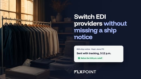 Apparel garment rail in a warehouse with a Flxpoint card showing an 856 ship notice sent before the retailer cutoff