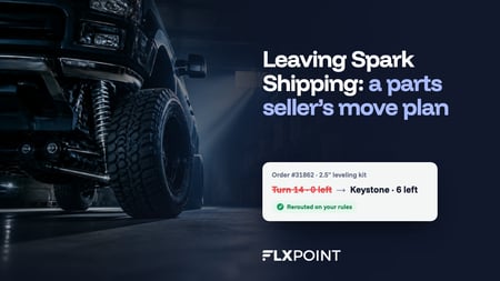 Lifted pickup in a parts warehouse with a Flxpoint order card showing a rerouted leveling kit order