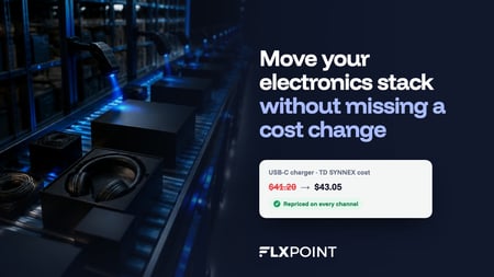 Electronics distribution conveyor at night with a Flxpoint card showing a charger repriced after a distributor cost change