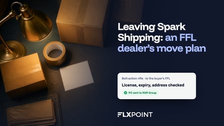 Packed shipping boxes under a brass lamp with a Flxpoint card showing a rifle's FFL dealer details checked before the purchase order went to RSR Group