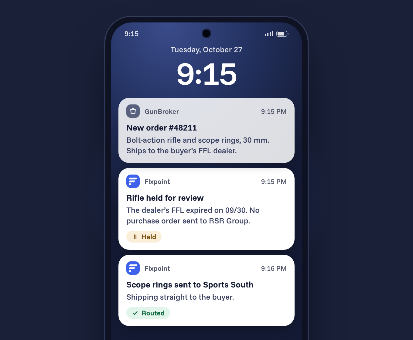 A phone lock screen at 9:15 p.m. showing a GunBroker order for a rifle and scope rings, then Flxpoint notifications: the rifle held because the dealer’s FFL expired, and the scope rings sent to Sports South to ship to the buyer