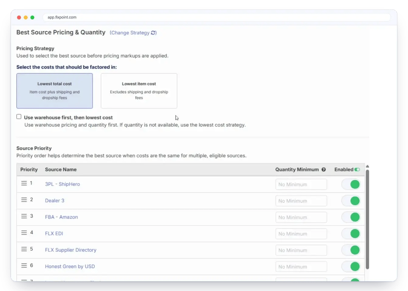Flxpoint Best Source Pricing and Quantity settings: lowest total cost including shipping and dropship fees, with a source priority list