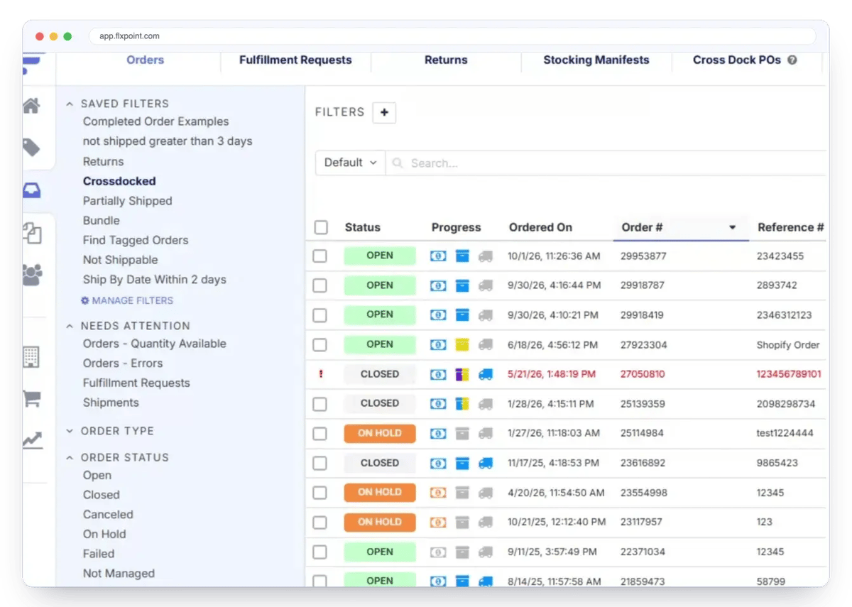 Flxpoint orders list with saved filters for crossdocked, partially shipped and bundle orders and orders on hold