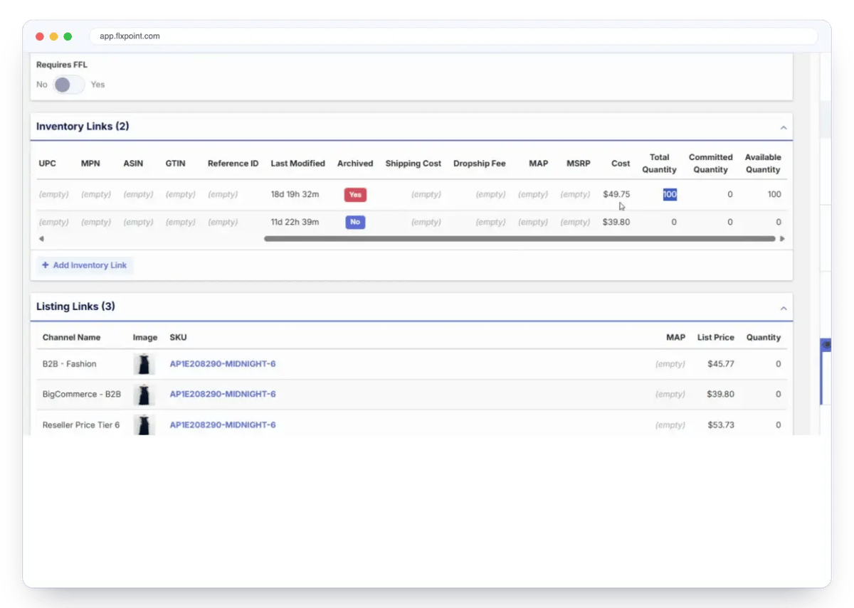 Flxpoint inventory links showing total, committed and available quantity per source, and the listing links on three channels