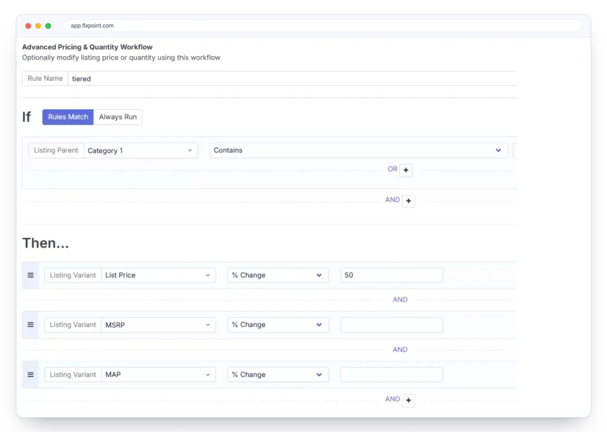 Flxpoint advanced pricing workflow: if category matches, change list price by 50 percent