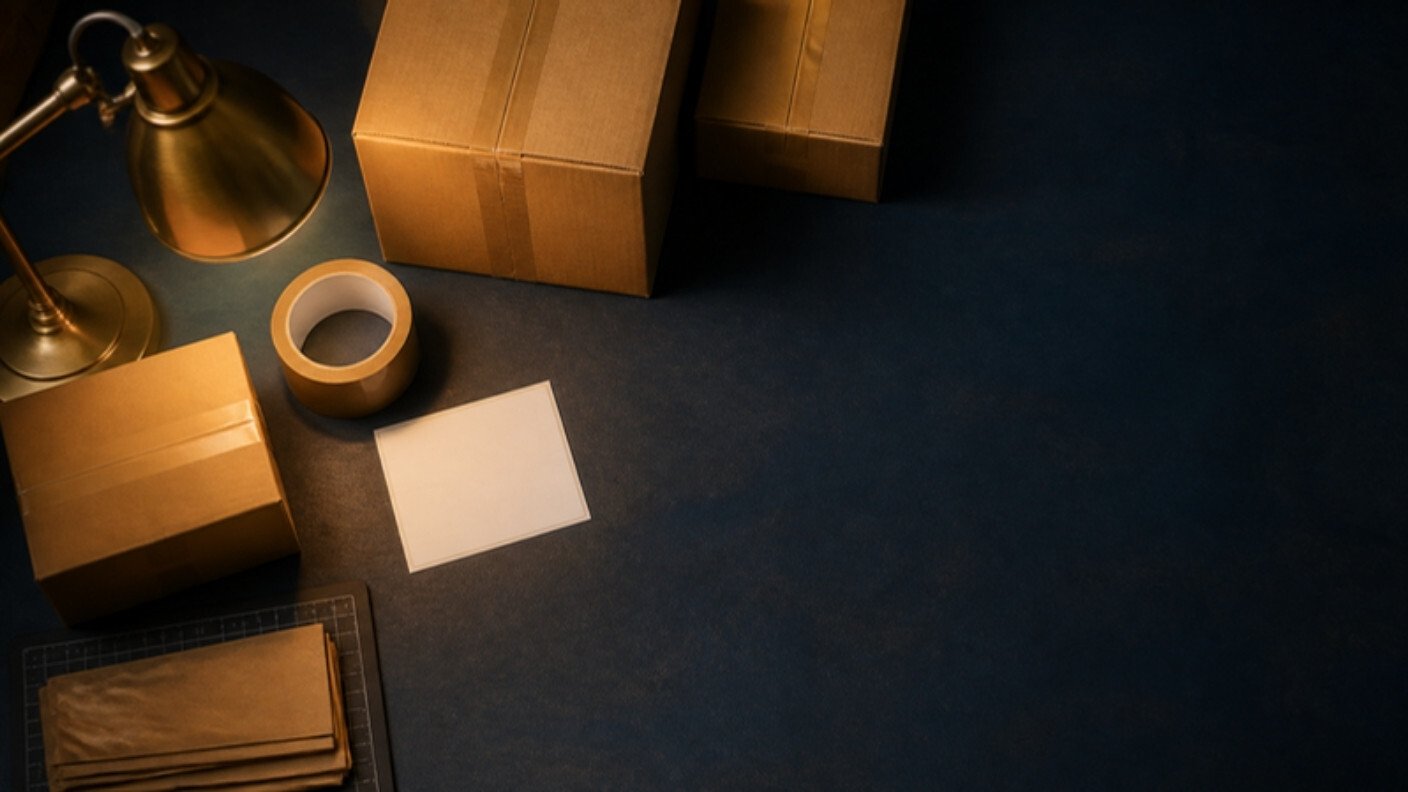 Packed shipping boxes and tape on a dark workbench under a brass lamp