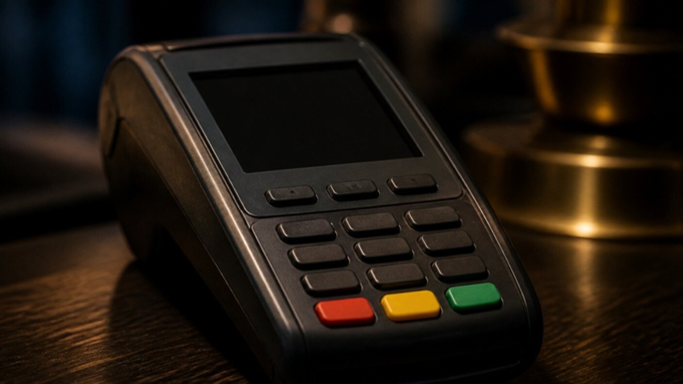 A generic card payment terminal on a dark counter